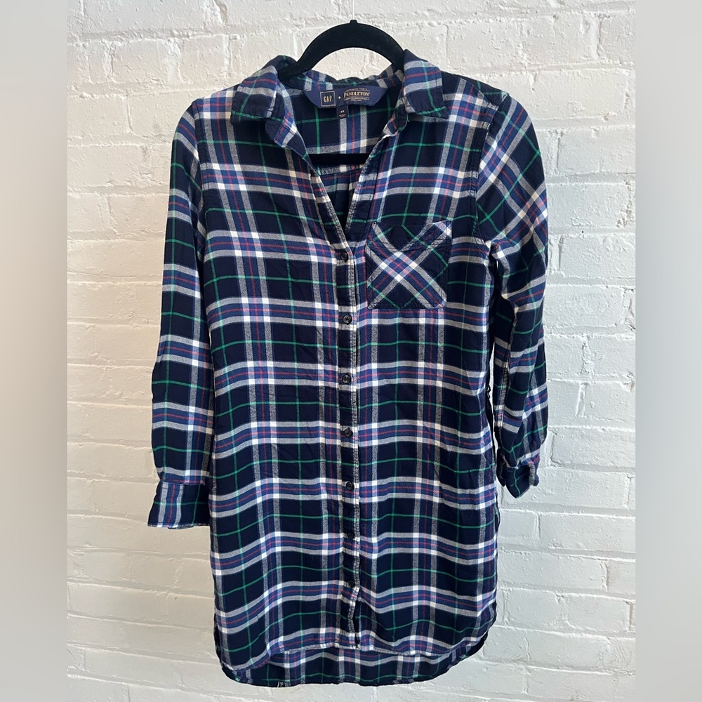 Gap Pendleton Blue Plaid Flannel Nightshirt Dress Button Front Soft Like New